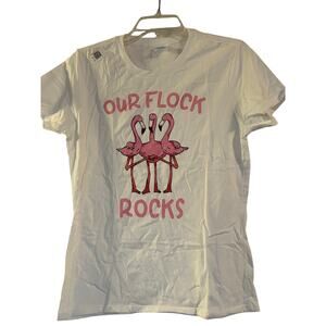 NWOT Port and Company Women's White Short Sleeve T Shirt 'Our Flock Rocks' Sz L